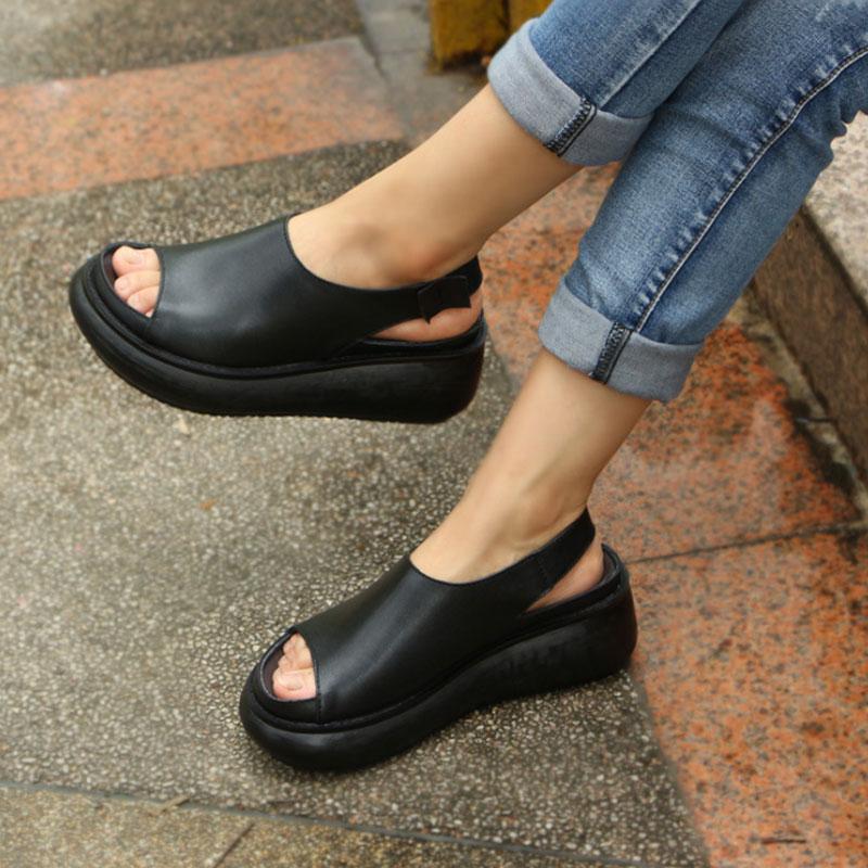 Summer Casual Cow Leather Shoes Black Wedge Heel Sandals