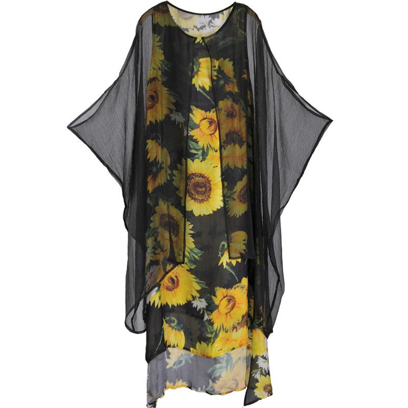 Summer Fake Two Pieces Yellow Flower Printed Bat Sleeve Dress