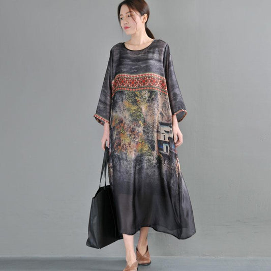 Ethnic Women Loose Round Neck Three Quarter Sleeve Dress