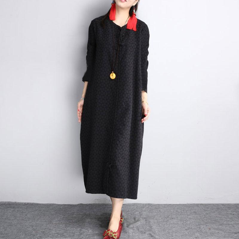 Cotton Linen Jacquard V Neck Long Sleeves Black Autumn Winter Dress For Women