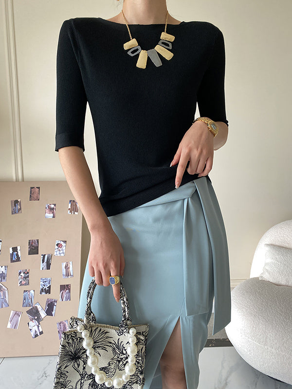 Original Simple Casual Solid Color Skinny Knitting T-Shirt Top