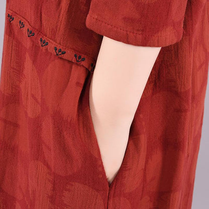 Buykud Dots Embroidery V-Neck Pullover Casual Loose Dress