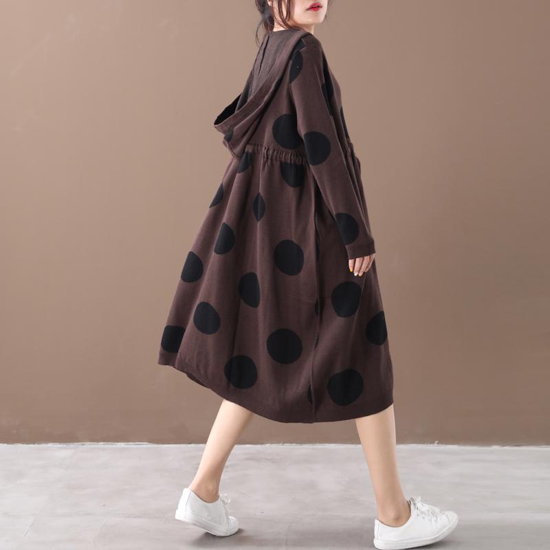 Buykud Literary Polka Dot Drawstring Comfortable Hooded Dress