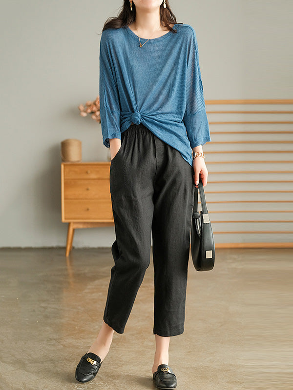 Casual Solid Round-Neck Knitting T-Shirts Tops