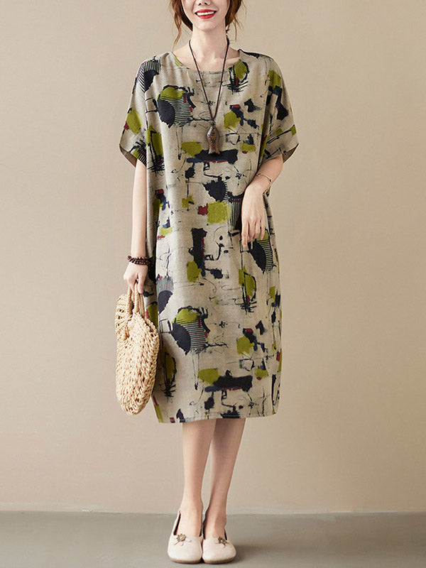 Artistic Retro Ramie Cotton Printed Round-Neck Half Sleeves Midi Dress