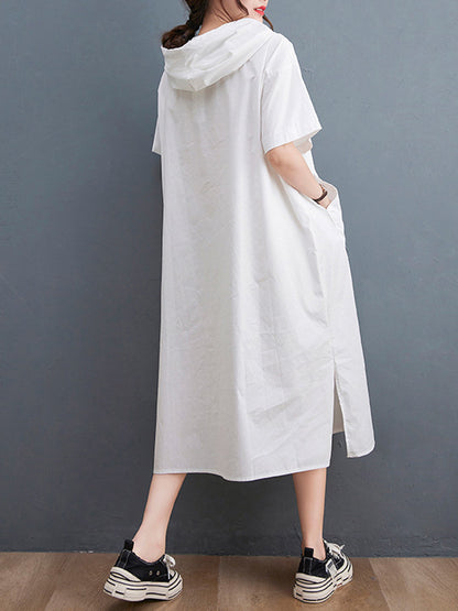 Urban Black&White Split-Side Short Sleeves Hooded Midi Dress