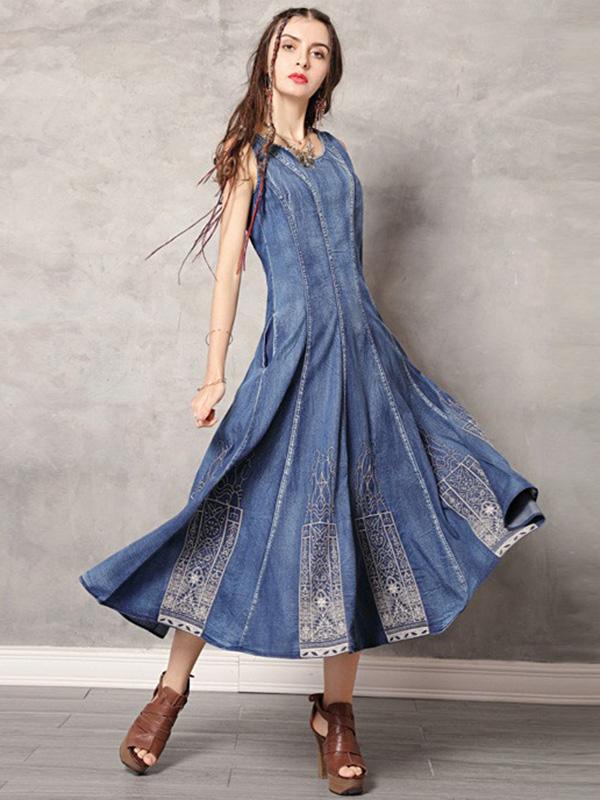 2019 Summer New Vintage Embroidery Denim Dress
