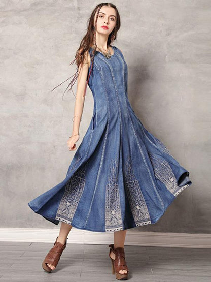 2019 Summer New Vintage Embroidery Denim Dress