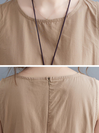 Simple Casual Loose Solid Color Pleated Midi Dress