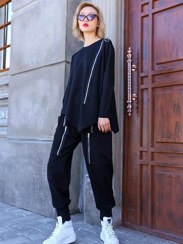Loose Solid Pocket Zipper Overall Pants