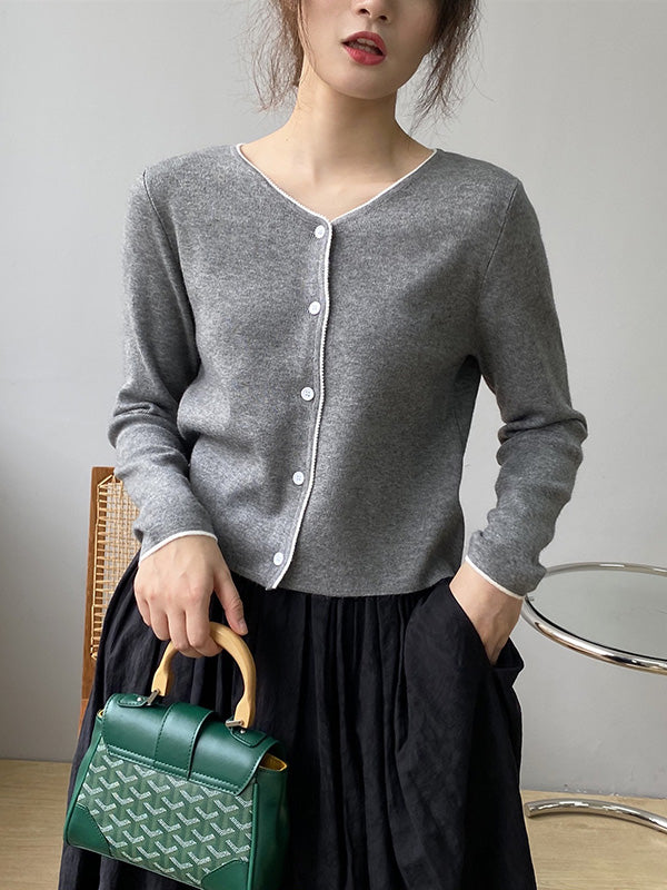 Chic Simple 4 Colors Buttoned V-Neck Long Sleeves Knitted Cardigan