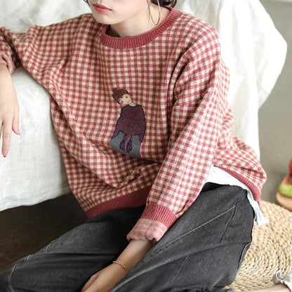 Buykud Plaid And Cartoon Character Casual Knitted Shirt