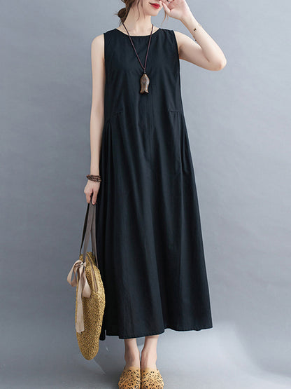 Simple Casual Loose Solid Color Pleated Midi Dress