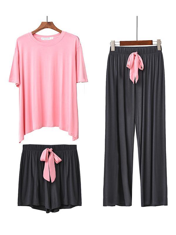 Three Pieces Comfortable Short Sleeve T-Shirt&Wide-Leg Shorts&Pants Pajama Suit