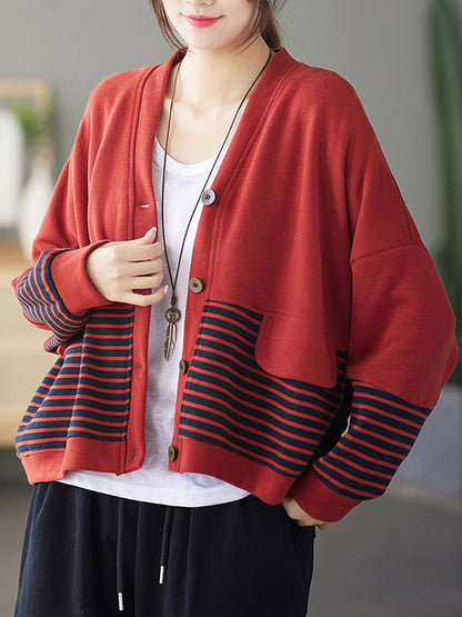 Casual Striped Buttoned V-Neck Batwing Sleeve Outerwear