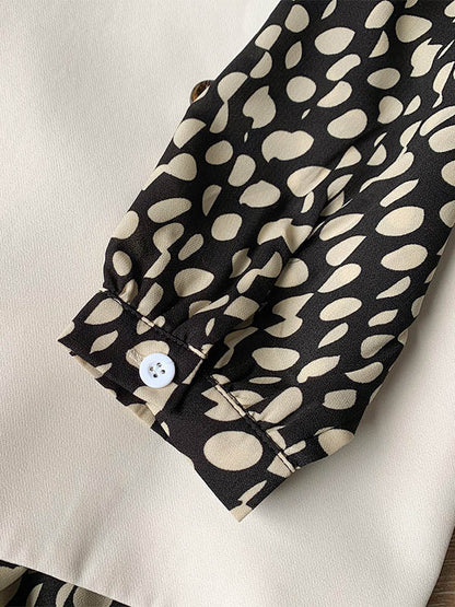 Stylish Polka-Dot Pleated Round-Neck Long Sleeves Loose Midi Dress