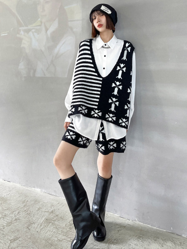 Fashion Printed Knitting  Vest & Shorts Separately 2 Pieces Set