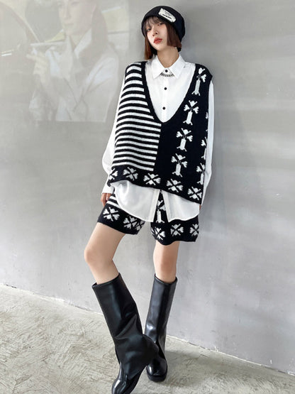 Fashion Printed Knitting  Vest & Shorts Separately 2 Pieces Set