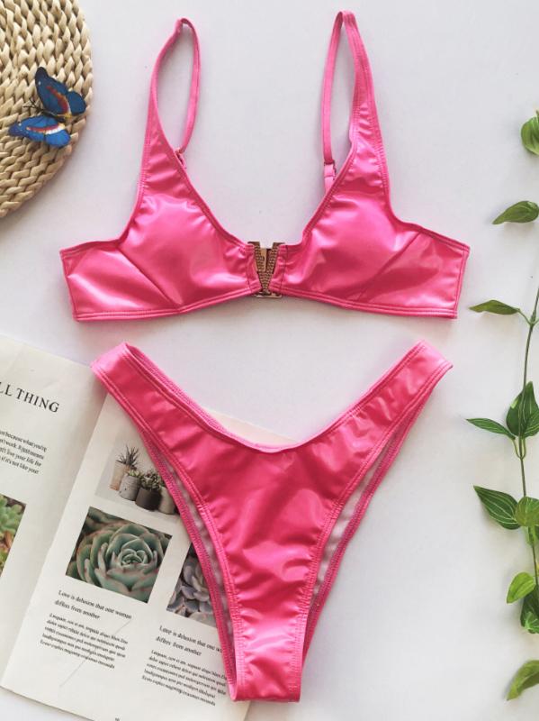 V-Neck Pecial Metal Buckle Vest Bikini Swimsuit