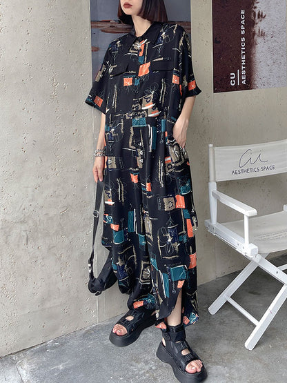 Stylish Printed Belted Split-Side Lapel Short Sleeves Jumpsuits