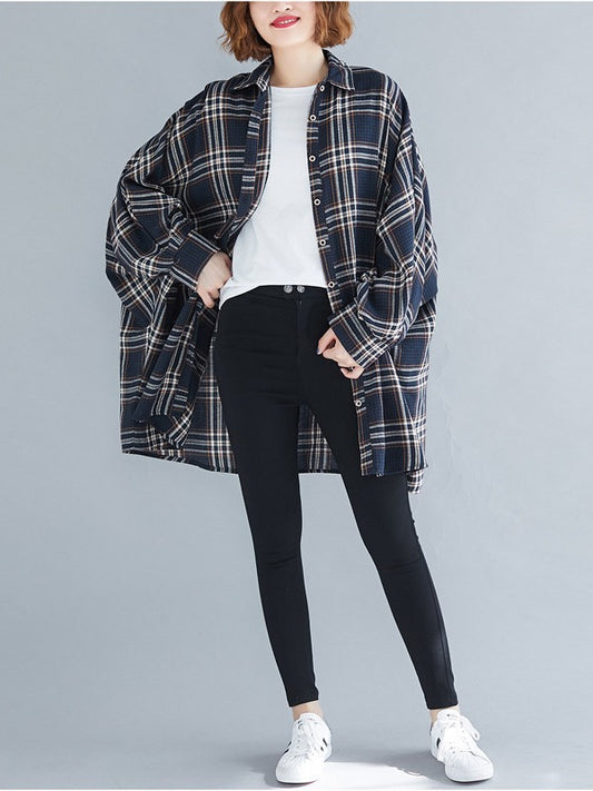 Casual Plaid Batwing Sleeves Lapel Shirt