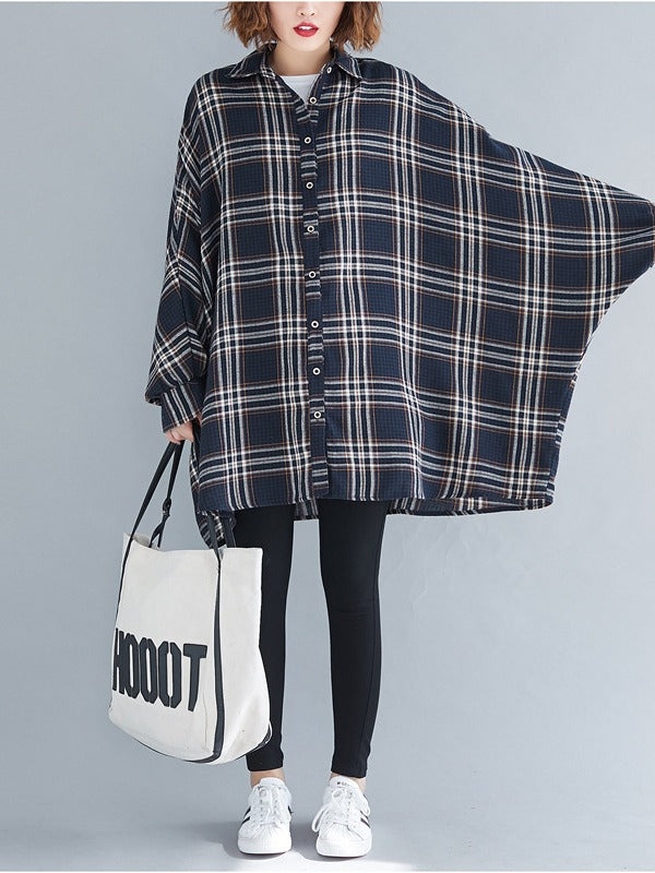 Casual Plaid Batwing Sleeves Lapel Shirt
