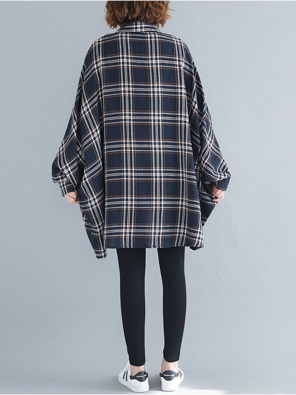 Casual Plaid Batwing Sleeves Lapel Shirt