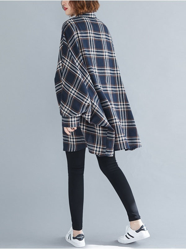 Casual Plaid Batwing Sleeves Lapel Shirt
