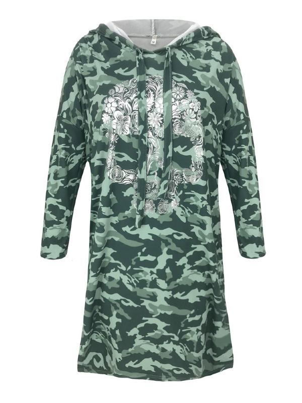 Loose Split-side Printed Hoodie Dress