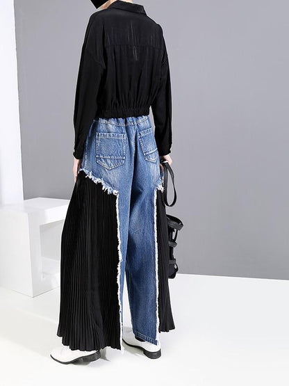 Loose Split-joint Pleated Jean Pants