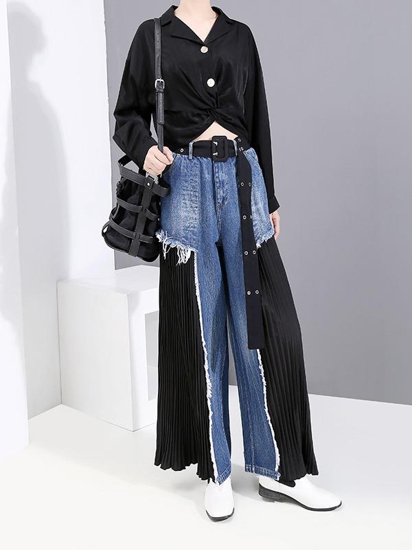 Loose Split-joint Pleated Jean Pants