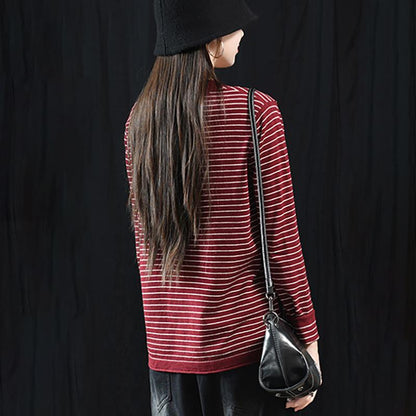 Buykud V-Neck Striped Long Sleeve Casual Blouse