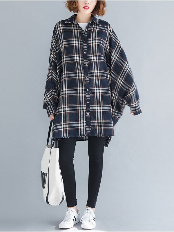 Casual Plaid Batwing Sleeves Lapel Shirt