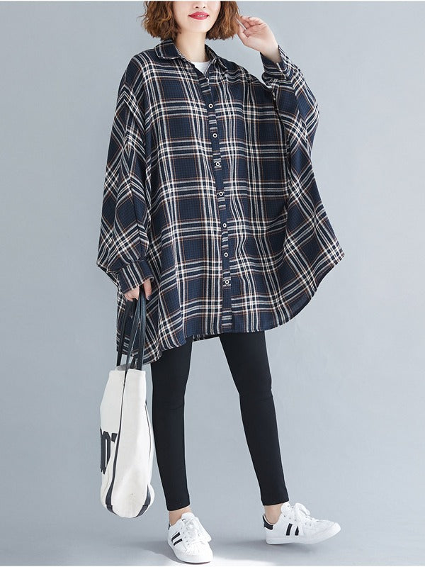Casual Plaid Batwing Sleeves Lapel Shirt