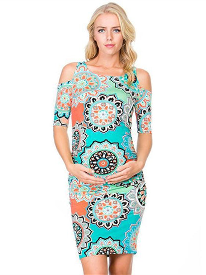 Maternity Printed Cold Shoulder Round-neck Mini Dress
