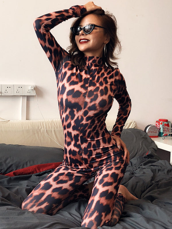Leopard Printed Empire Zipper Jumpsuits