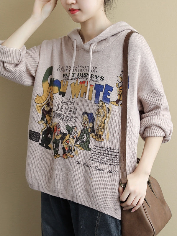 VINTAGE LETTER PRINTED CASUAL KNIT HOODIE SWEATER