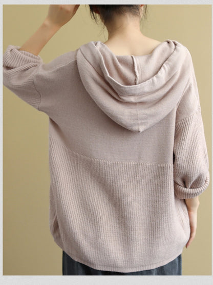 VINTAGE LETTER PRINTED CASUAL KNIT HOODIE SWEATER