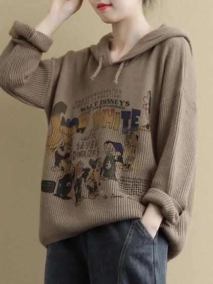 VINTAGE LETTER PRINTED CASUAL KNIT HOODIE SWEATER