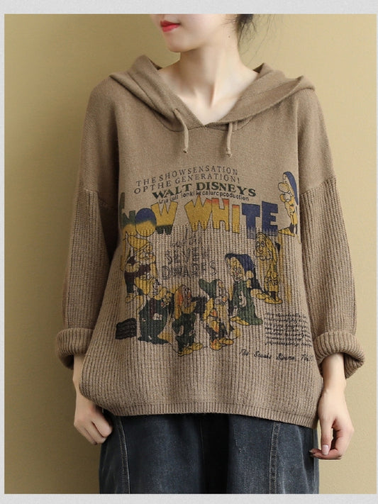 VINTAGE LETTER PRINTED CASUAL KNIT HOODIE SWEATER