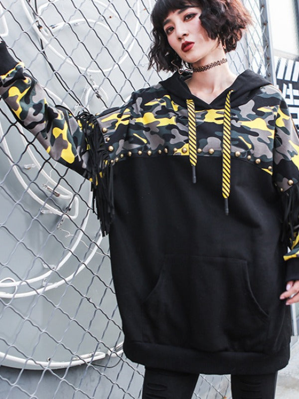 Camouflage Stitching Tasseled Thickning Hoodie