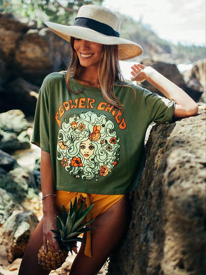 Simple 2Color Flower Child Printed T-Shirts Tops
