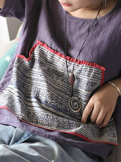 Retro Linen Pocket Split-side T-shirt
