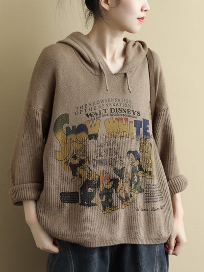 VINTAGE LETTER PRINTED CASUAL KNIT HOODIE SWEATER