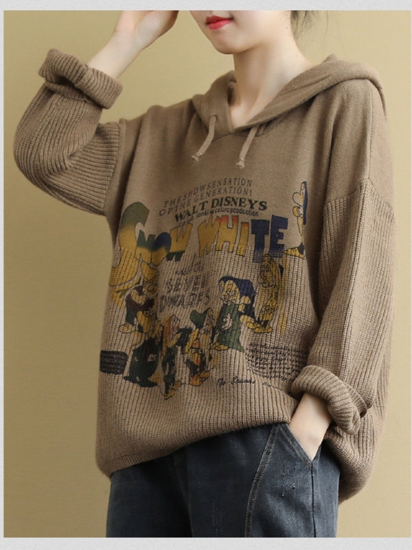 VINTAGE LETTER PRINTED CASUAL KNIT HOODIE SWEATER