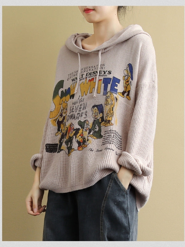 VINTAGE LETTER PRINTED CASUAL KNIT HOODIE SWEATER