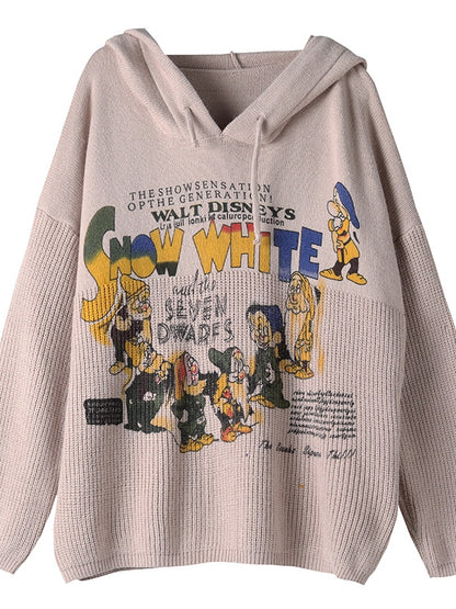VINTAGE LETTER PRINTED CASUAL KNIT HOODIE SWEATER