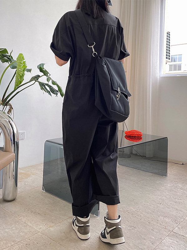Urban Drawstring Elastic High Waisted Short Sleeves Wide Leg Jumpsuits