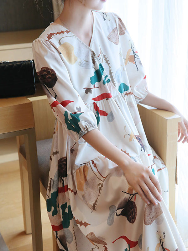 Original Printing Split-Joint V-Neck Midi Dress