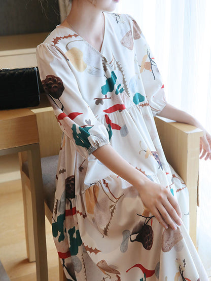 Original Printing Split-Joint V-Neck Midi Dress